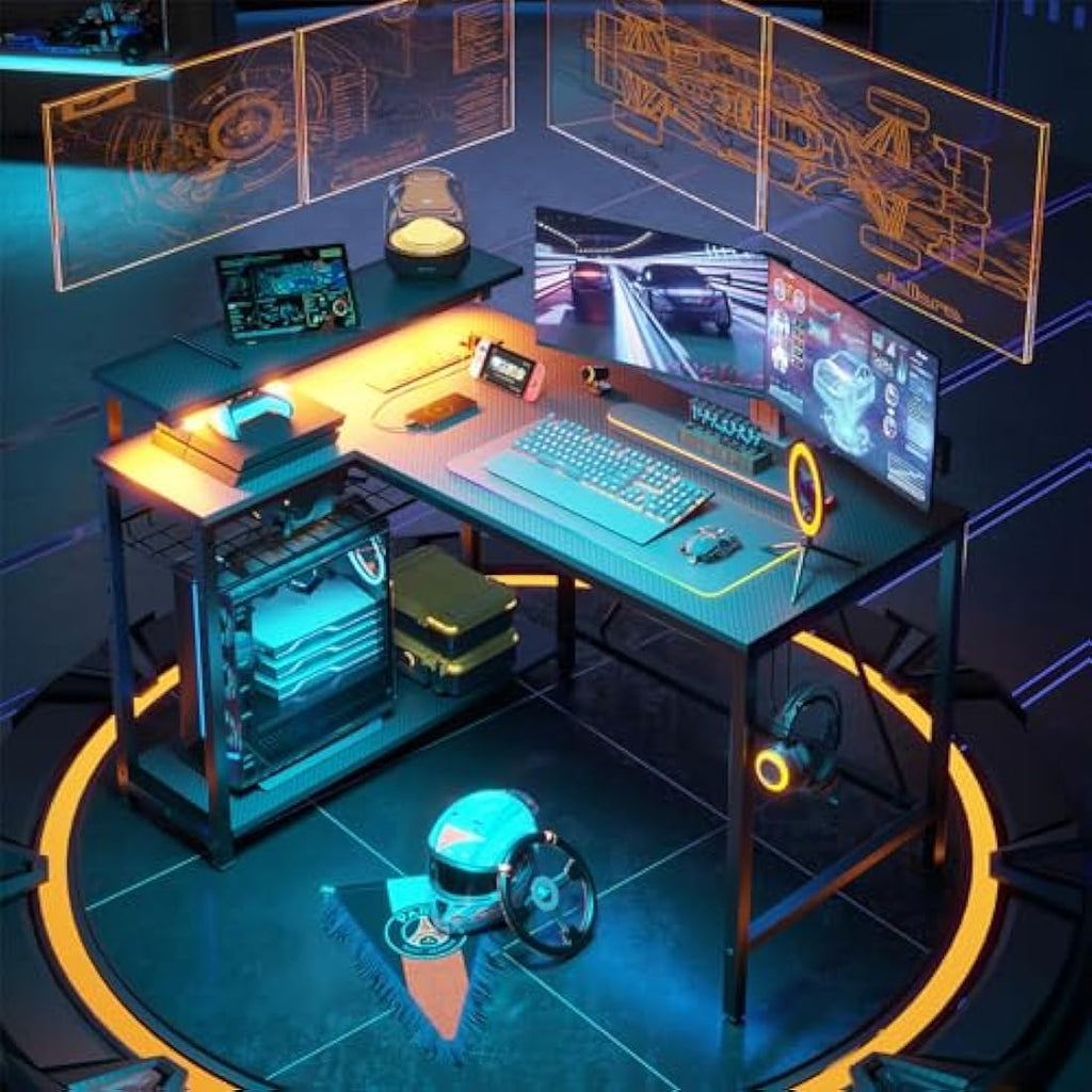 L-Shaped Gaming Desk – Carbon Fiber Corner Desk with RGB LED