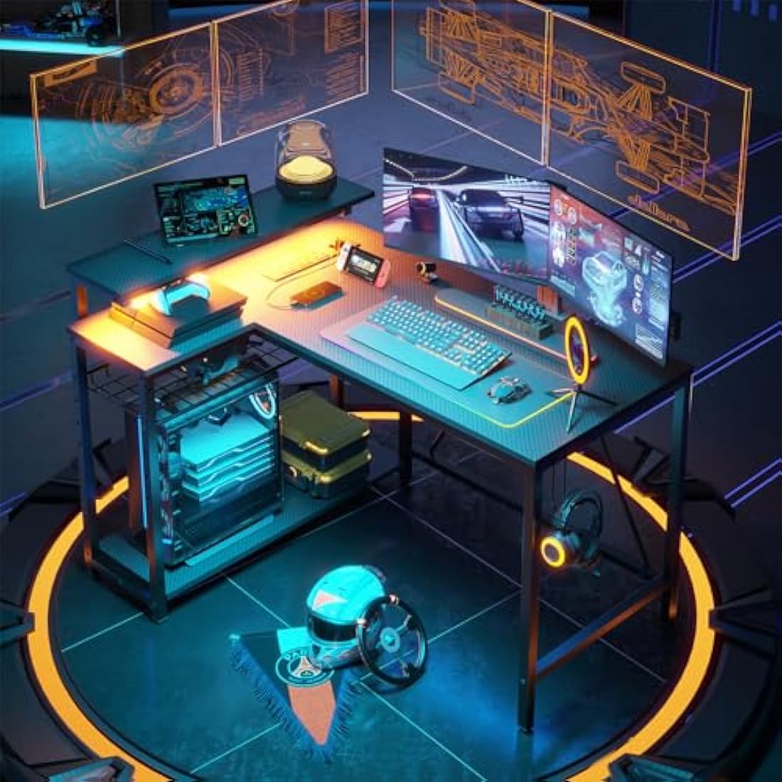 L-Shaped Gaming Desk – Carbon Fiber Corner Desk with RGB LED