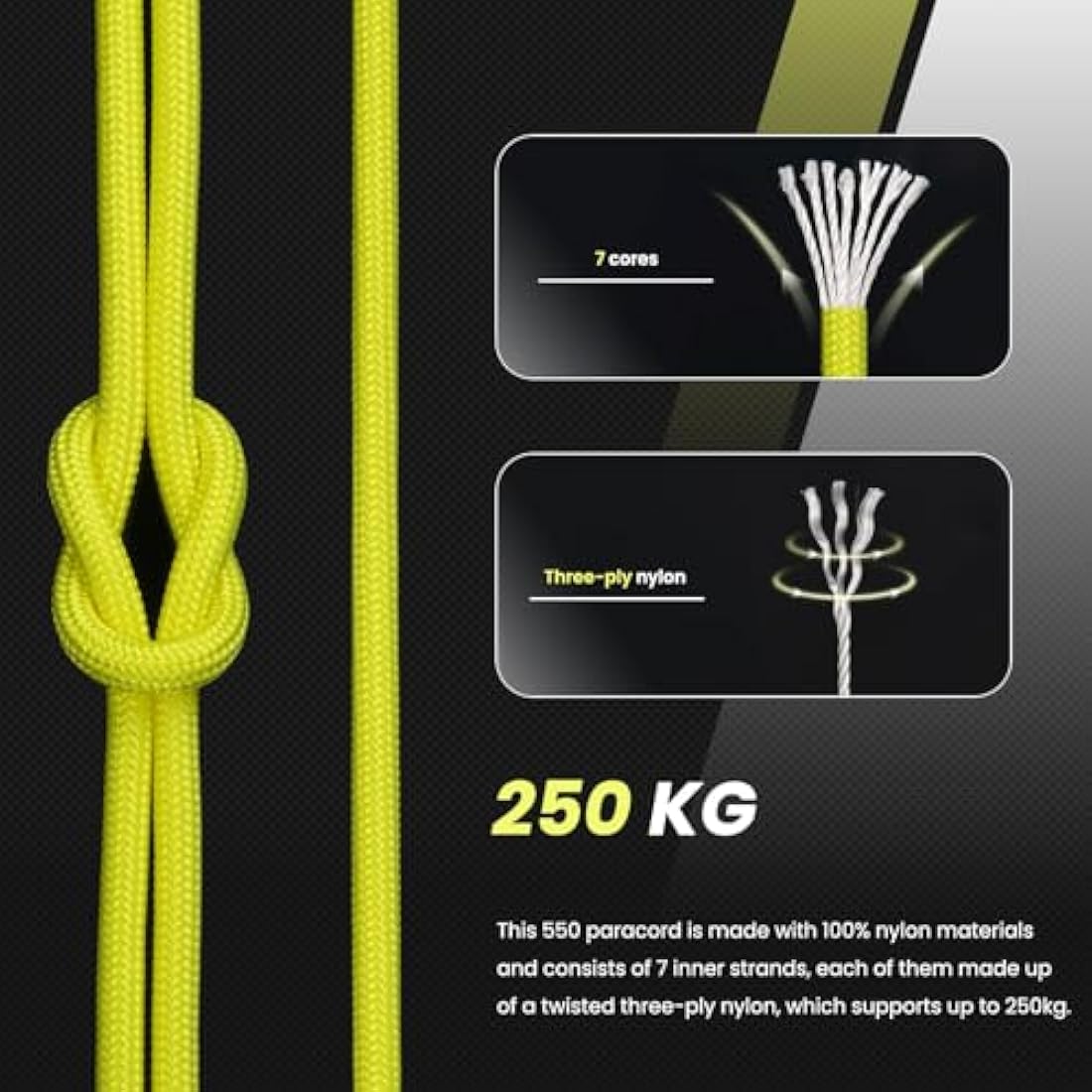 Abma Cord 550 Paracord – 100m Nylon Type III 7-Strand Rope, Neon Yellow