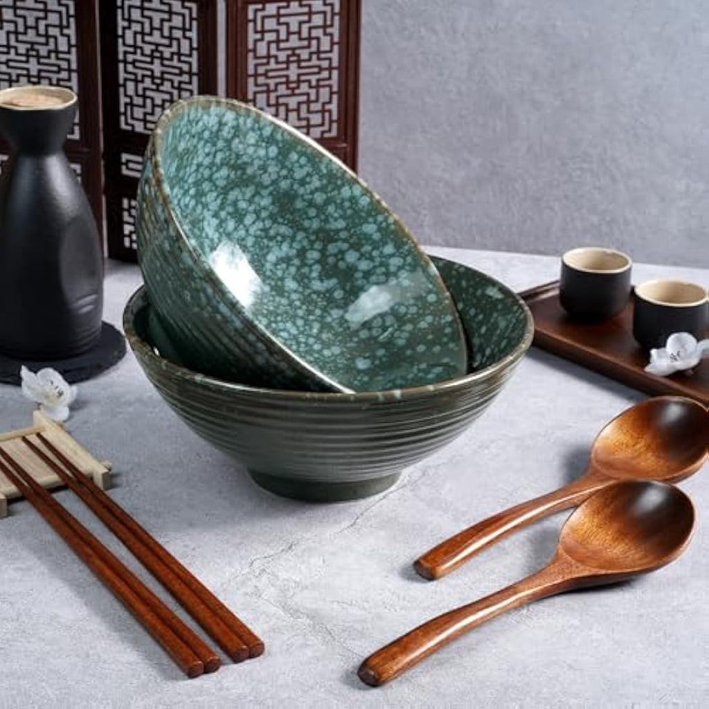 NUTRIUPS Ceramic Ramen Bowl Set of 2 – 1200ml Japanese Noodle Bowls, Emerald