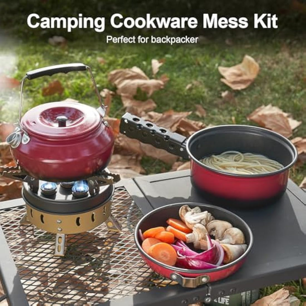 Odoland 5pcs Camping Cookware Mess Kit | Non-Stick Aluminum Pot Pan Set