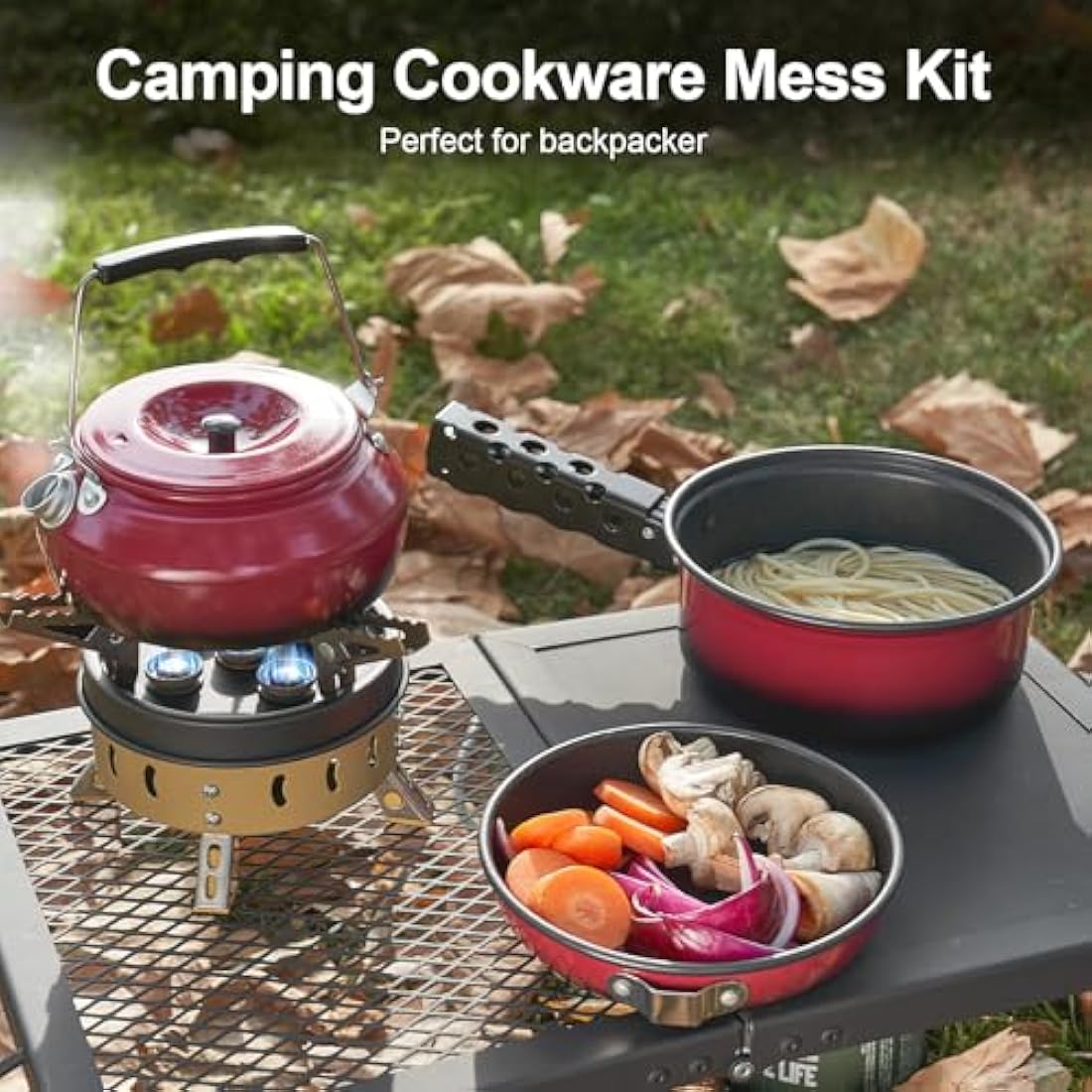 Odoland 5pcs Camping Cookware Mess Kit | Non-Stick Aluminum Pot Pan Set