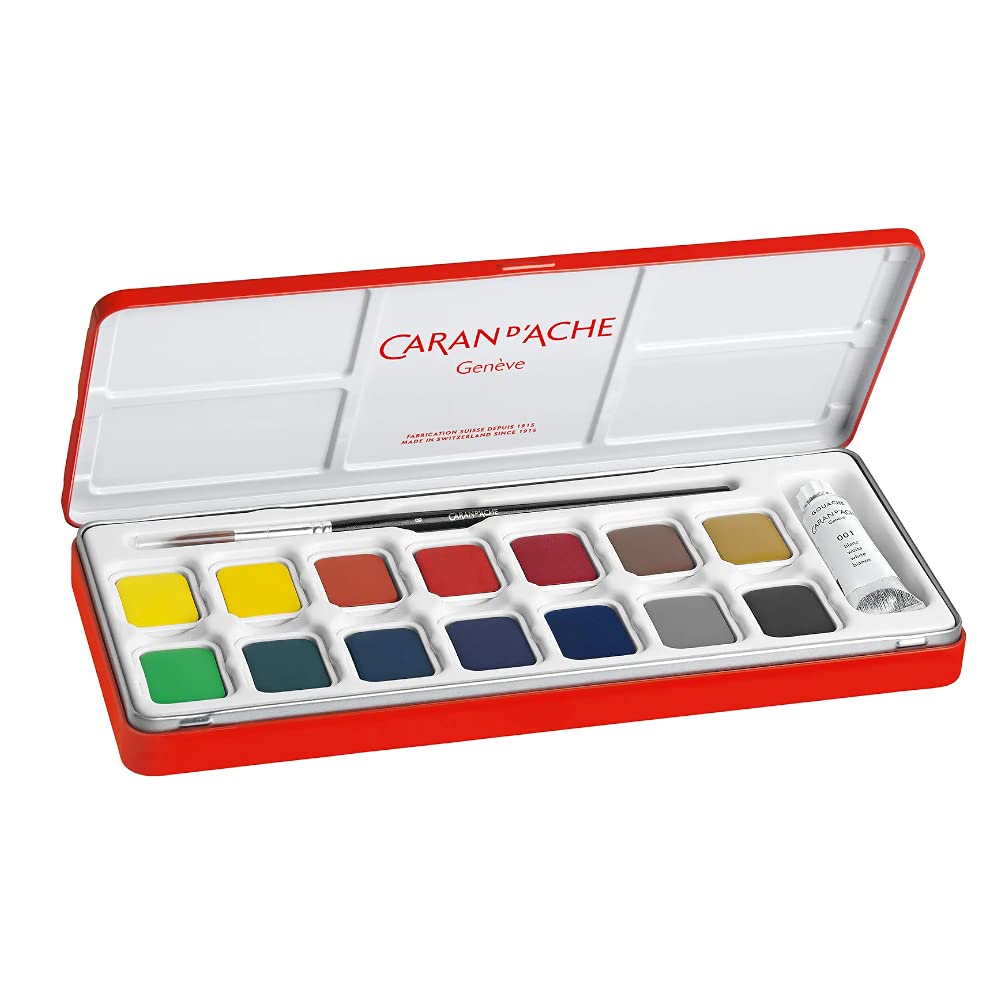 Caran d'Ache Gouache Studio Paint Set – 15 Colour Tablets with Brush