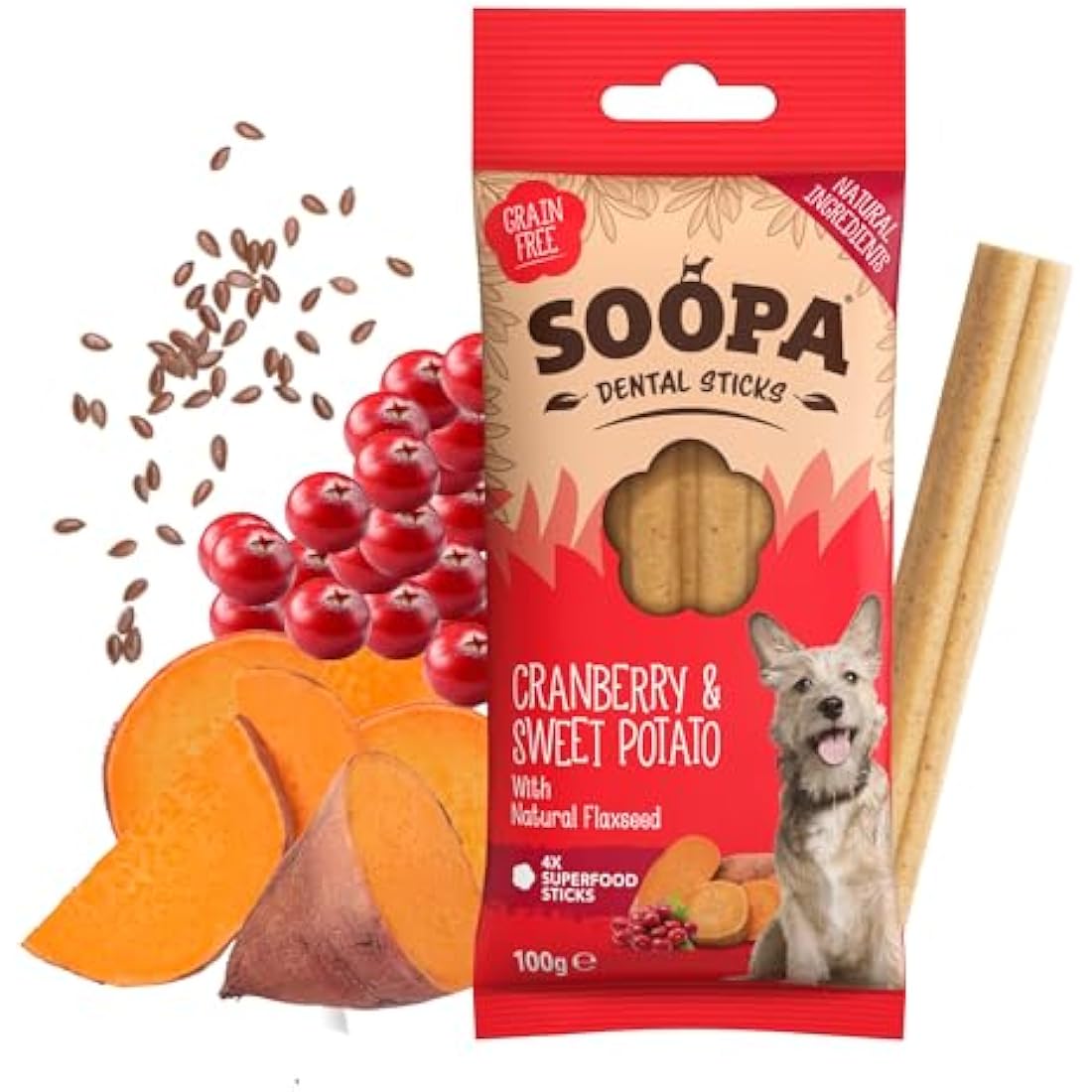 Soopa Dental Sticks Dog Treats – Cranberry & Sweet Potato, 100g