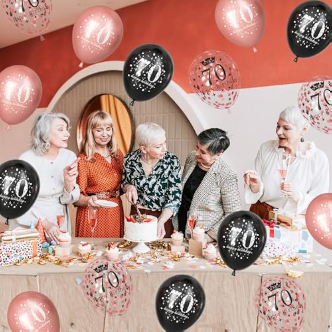 70th Birthday Balloons - 15pc Rose Gold & Black Latex Set