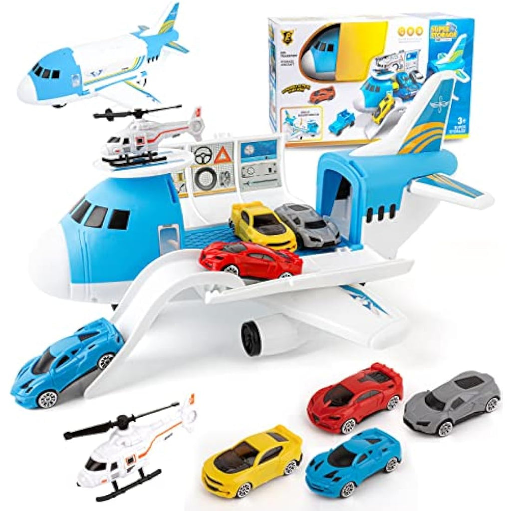 Transport Cargo Airplane Toy Set with 4 Cars and Helicopter