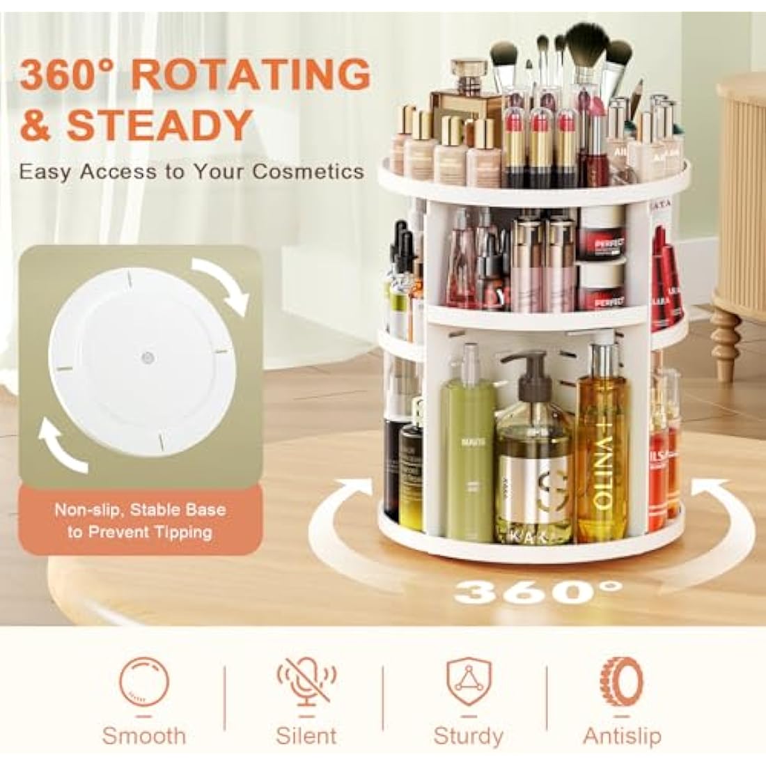 Auxmir 360 Rotating Makeup Organiser | 9-Tier Adjustable Storage, White