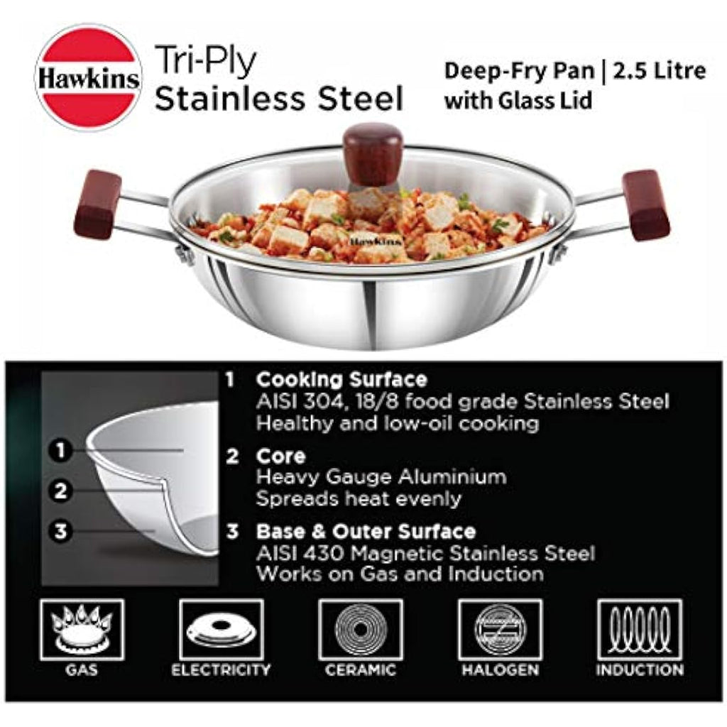 Hawkins Triply Stainless Steel Deep Fry Pan Kadai with Glass Lid, 2.5L
