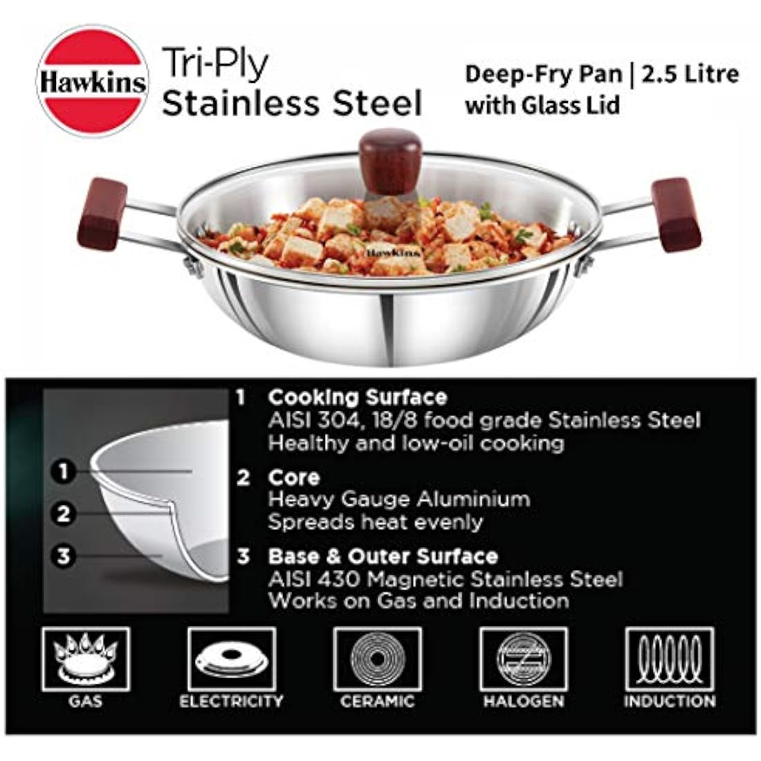 Hawkins Triply Stainless Steel Deep Fry Pan Kadai with Glass Lid, 2.5L
