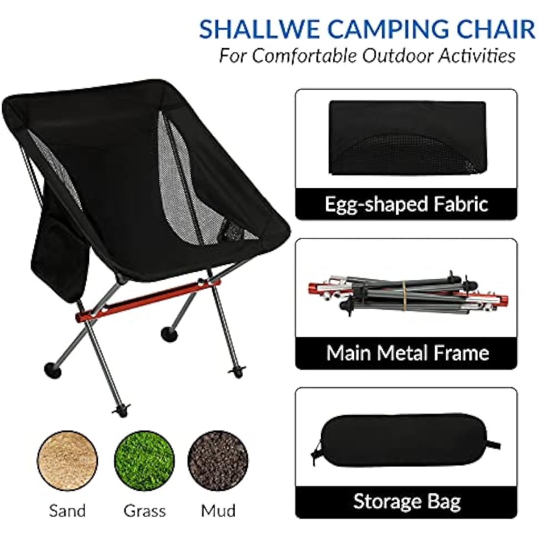 SHALLWE Ultralight Portable Camping Chair | Aluminum Folding Chair - Gray