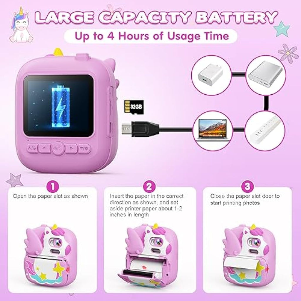 CAMCLID Kids Instant Print Camera | 1080P HD Digital Video & 32GB Card - Purple
