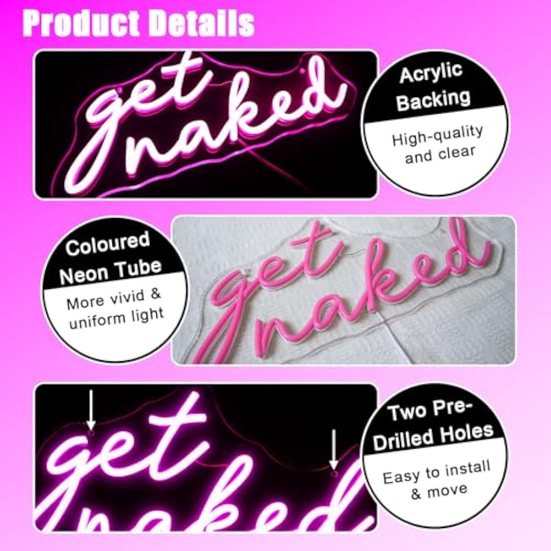 Get Naked Neon Sign – Pink LED Wall Art for Bedroom & Bar