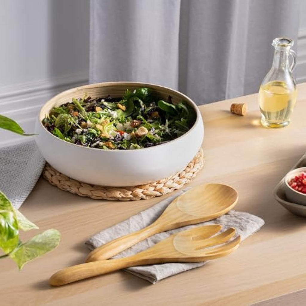 Dehaus Large Bamboo Fruit Bowl – 30cm Rose Gold Wooden Serving Bowl