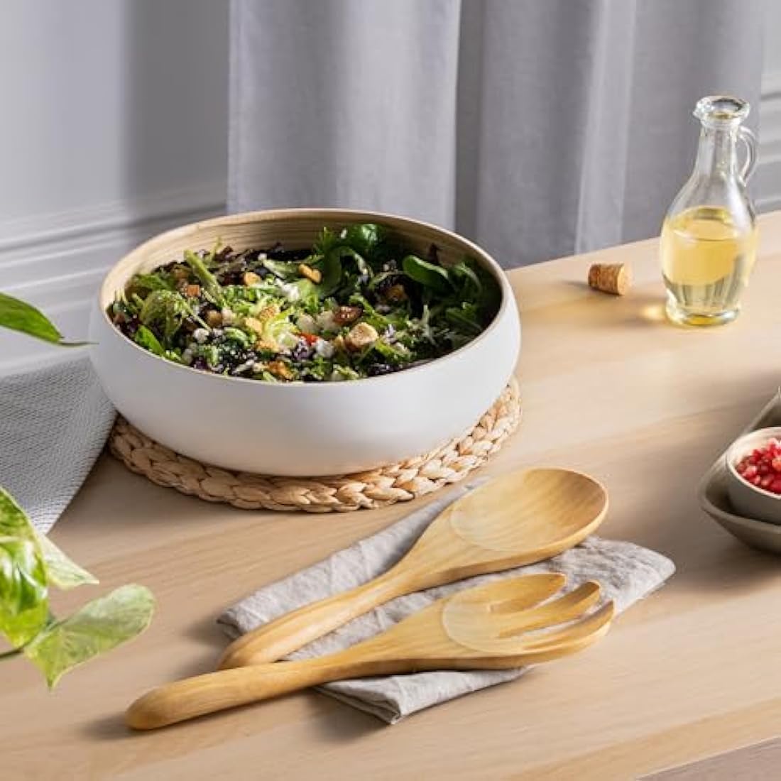 Dehaus Large Bamboo Fruit Bowl – 30cm Rose Gold Wooden Serving Bowl