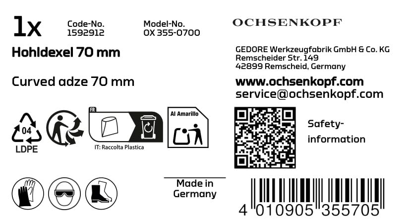 Ochsenkopf OX355-0700 Woodworking Adze – 70 mm Polished Hollowing Tool