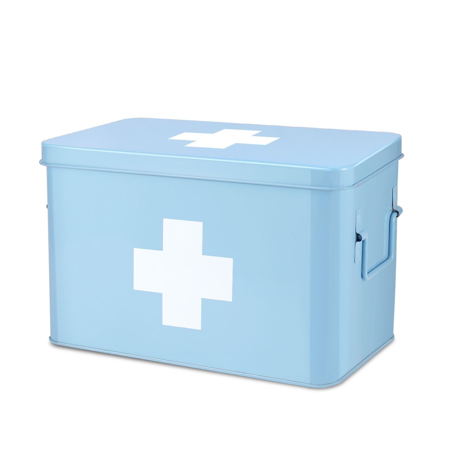 Flexzion First Aid Kit Organizer – 13" Blue Metal Box with Tray
