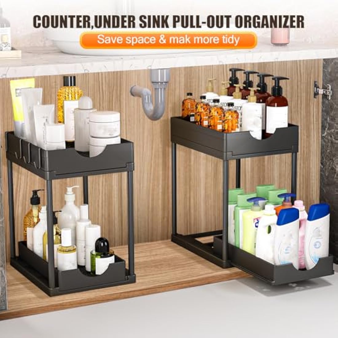PurKeep 2-Tier Under Sink Organizer | Sliding Kitchen Storage - 2 Pack