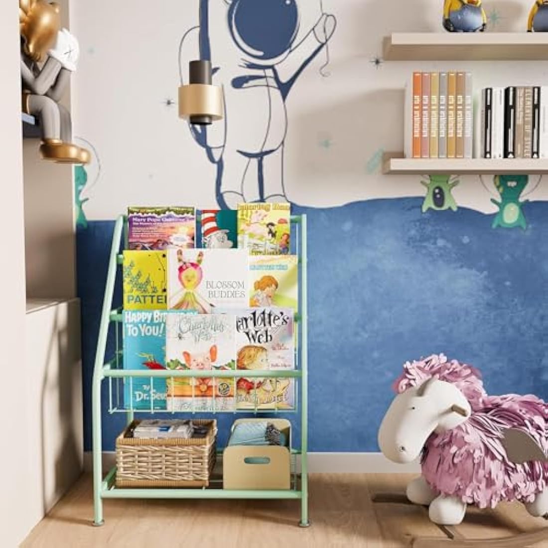 Huhote Kids Bookshelf – Metal Book and Toy Storage Organizer, Green