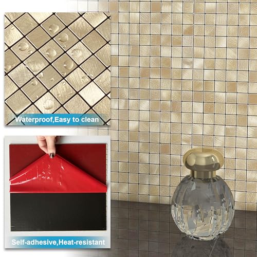 BeNice Metal Mosaic Splashback Tiles – 3D Peel and Stick Gold, 10 Sheets