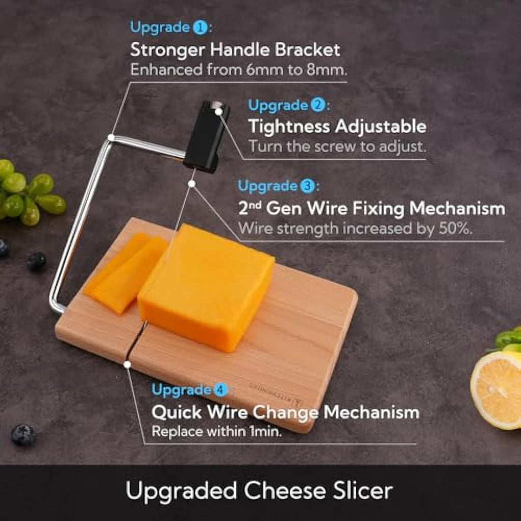KITCHENDAO Beech Wood Cheese Slicer with Adjustable Wire and 2 Spares