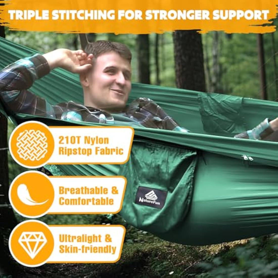 NatureFun Camping Hammock with Pop-up Bug Net | Parachute Nylon 300kg