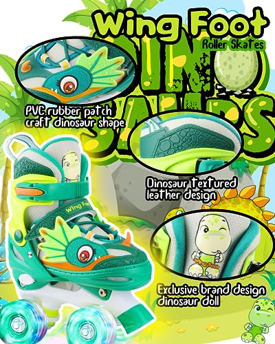 WESKIFAN Kids Dinosaur Roller Skates | Adjustable Quad Shoes with Light Up Wheels