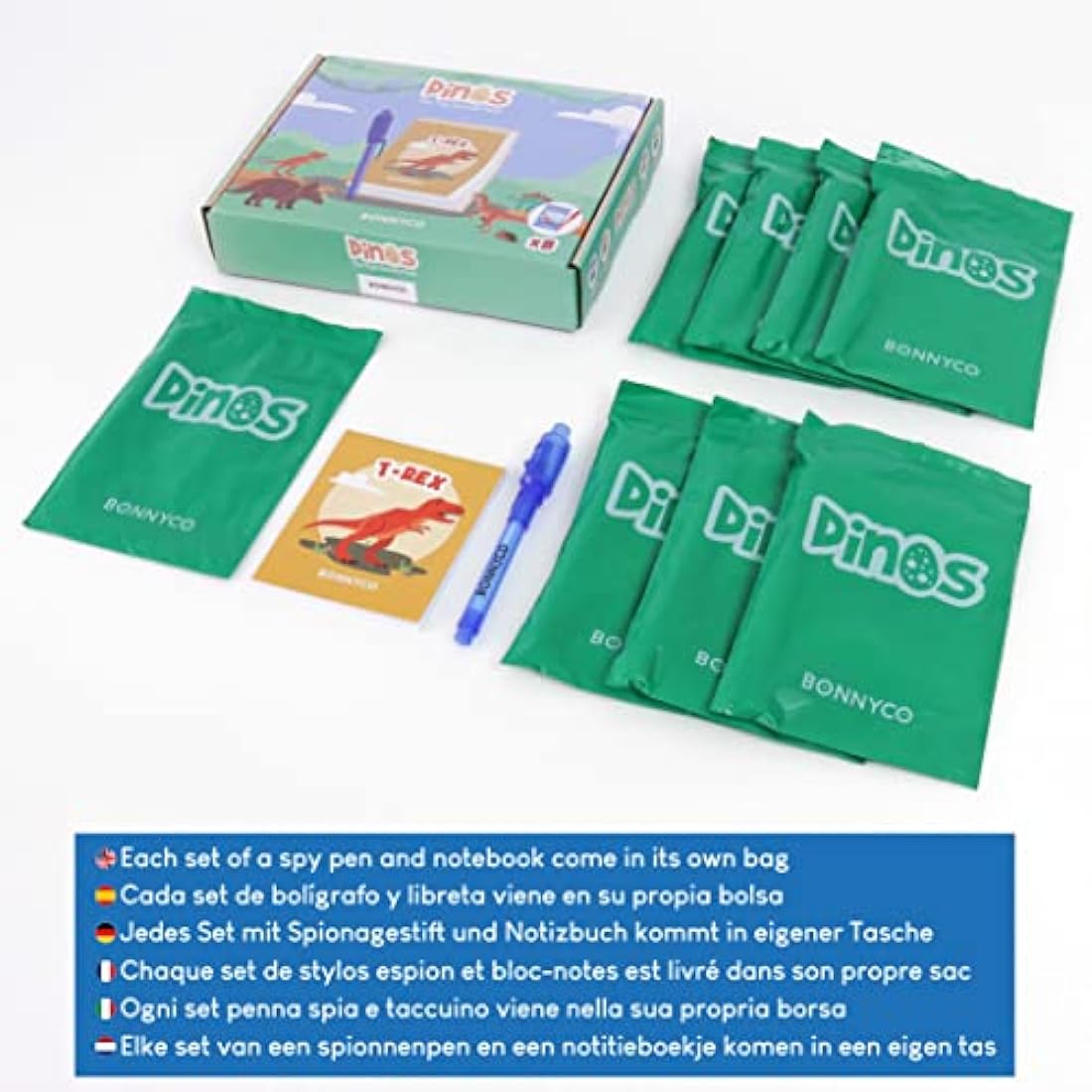 BONNYCO Invisible Ink Pen and Notebook Set - 8 Pack Dinosaur Party Favors