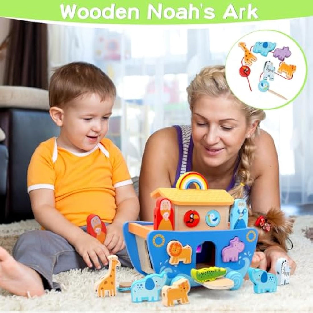 Tooysea Wooden Noah's Ark Toy - Montessori Animal Shape Sorter Baptism Gift