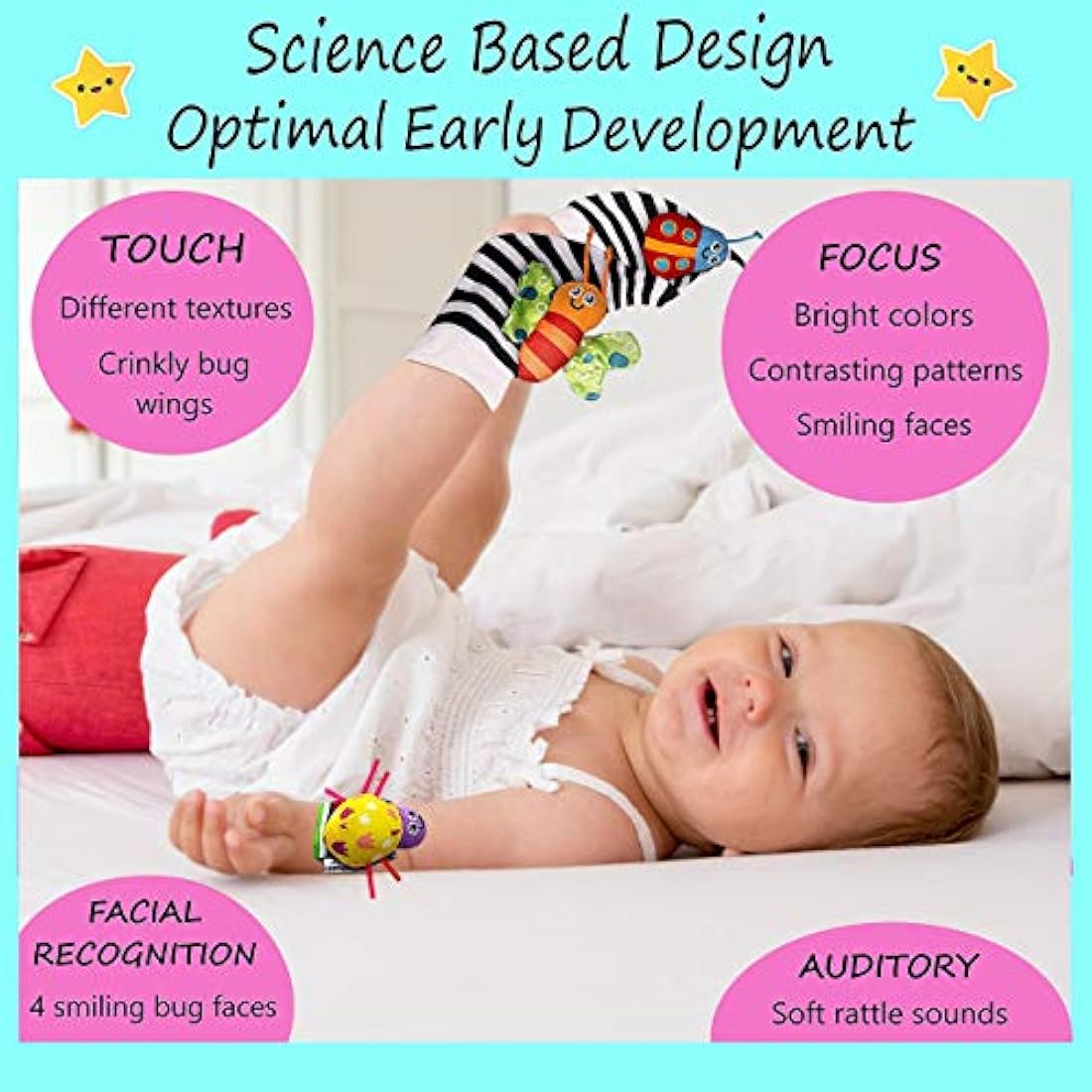 Jolof Store Foot Finders and Wrist Rattles – Sensory Baby Sock Toys