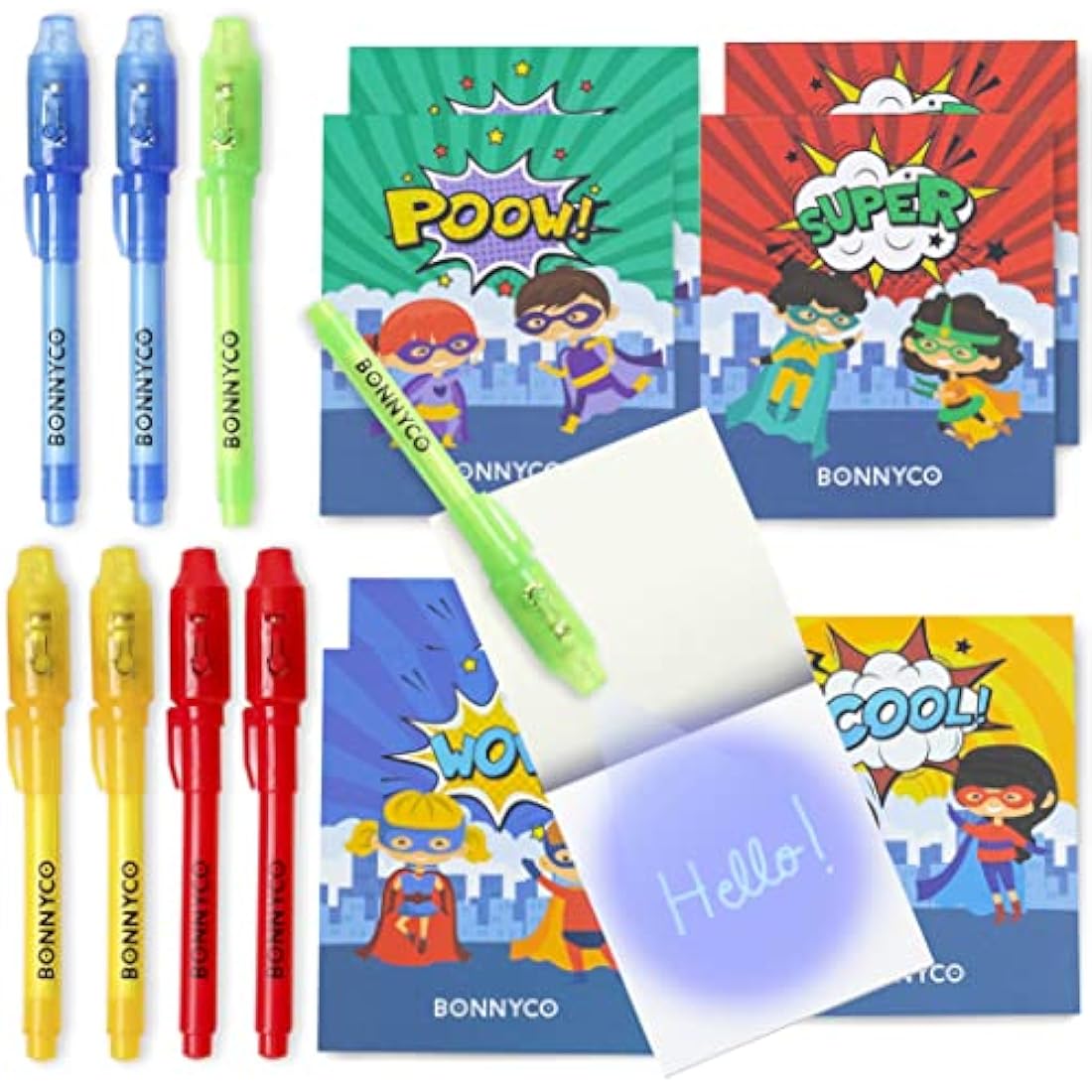 BONNYCO Superhero Invisible Ink Pen and Notebook Set - 8 Pack Party Fillers