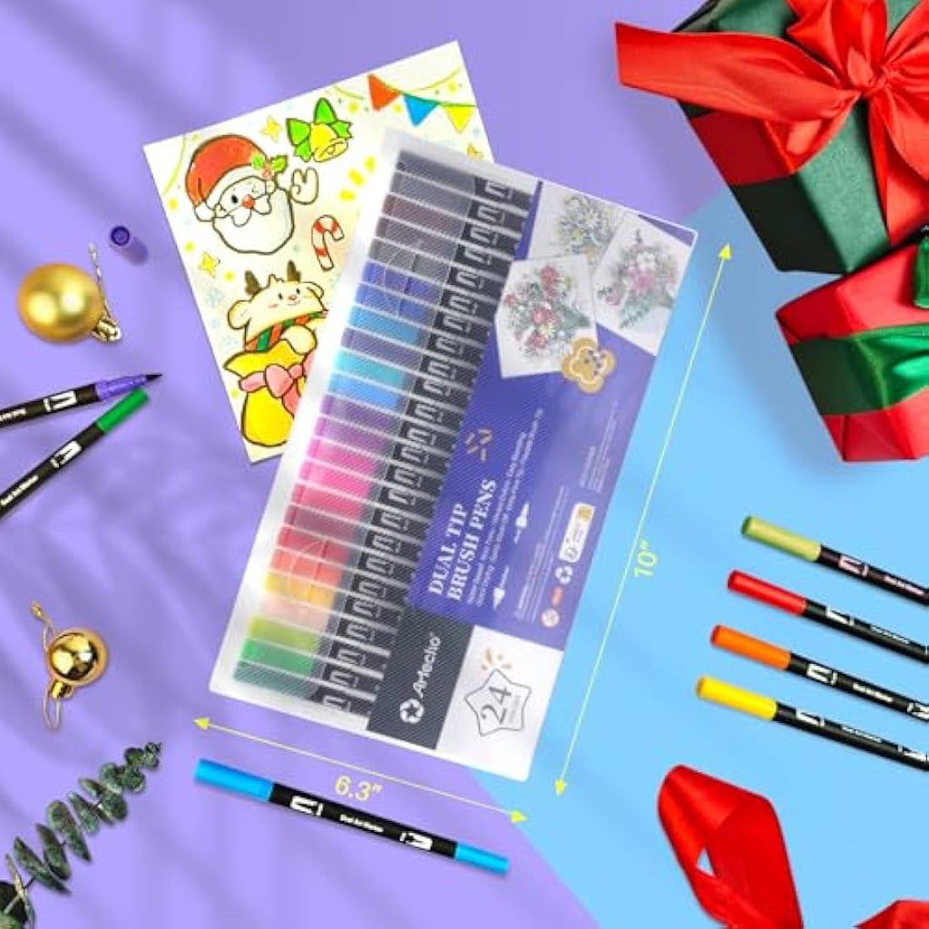 Artecho 24 Dual Tip Brush Pens | Fineliner & Brush Markers for Coloring