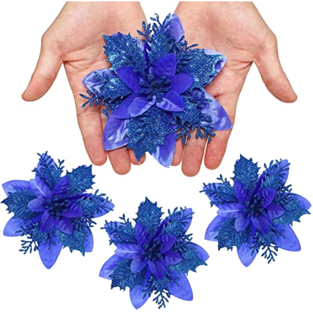 12Pcs Blue Glitter Artificial Poinsettia Christmas Flowers