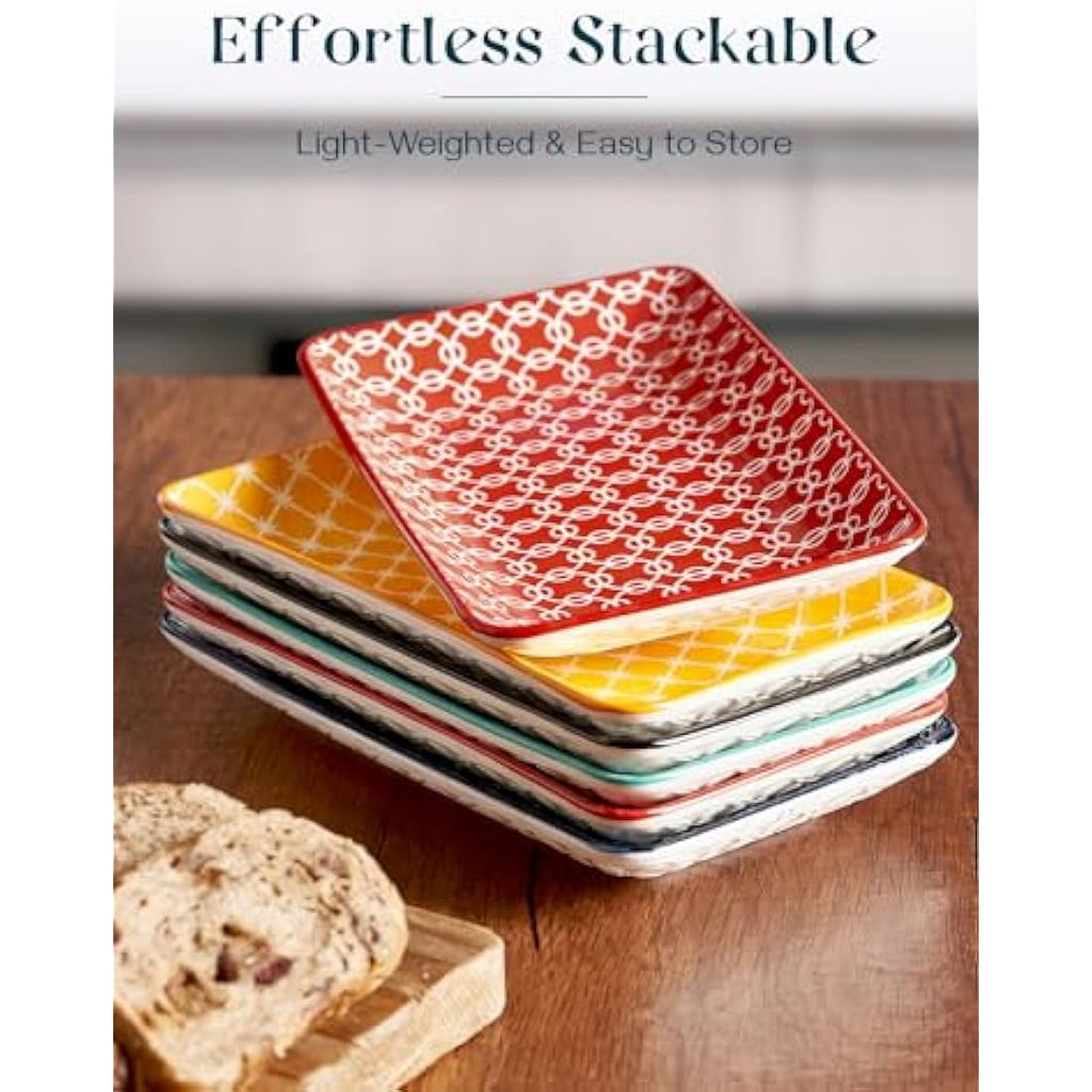DOWAN 8-Inch Bone China Serving Platter Set - 6 Piece Vibrant Dessert Plates