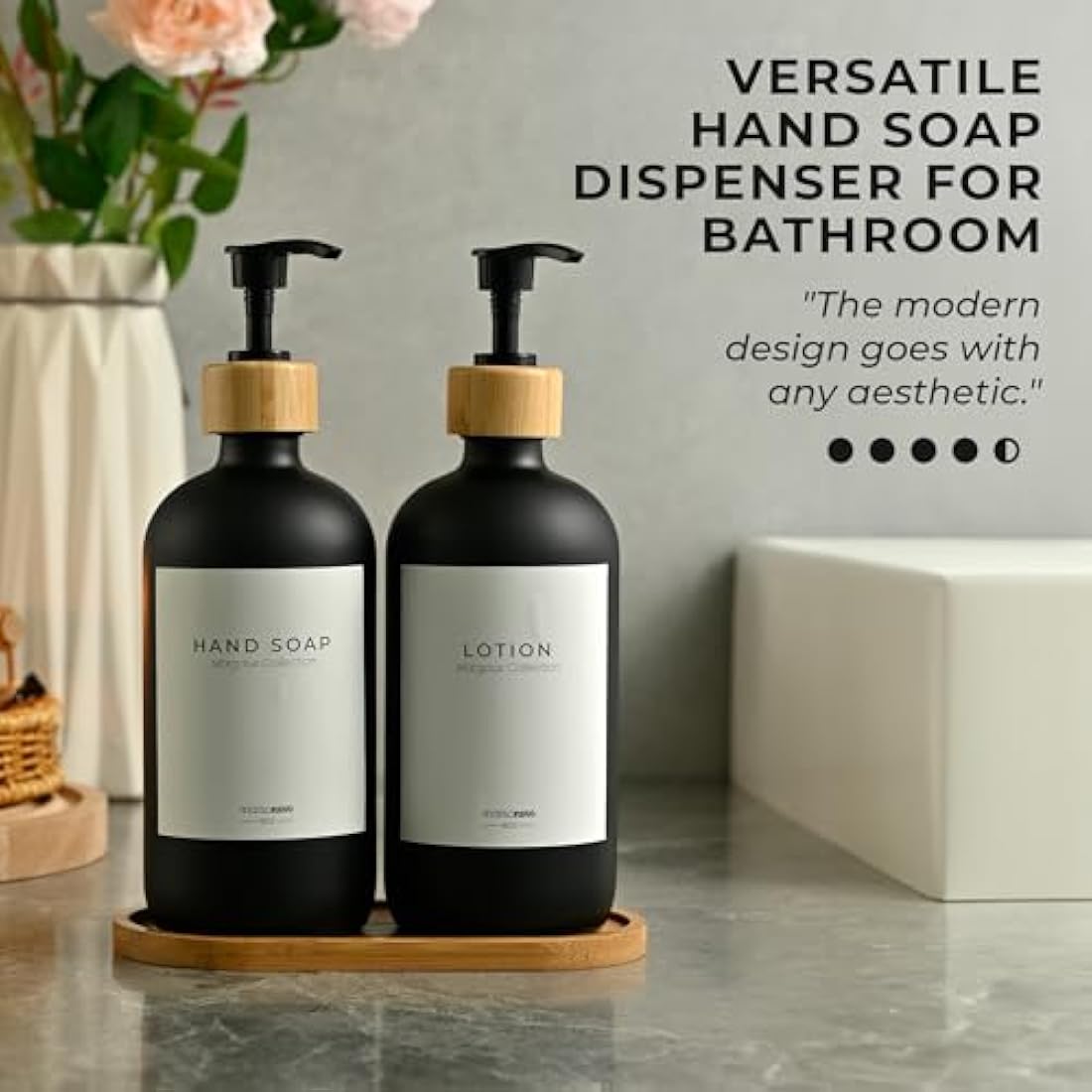 MaisoNovo Soap and Lotion Dispenser Set of 3 | Bamboo Pumps and Tray