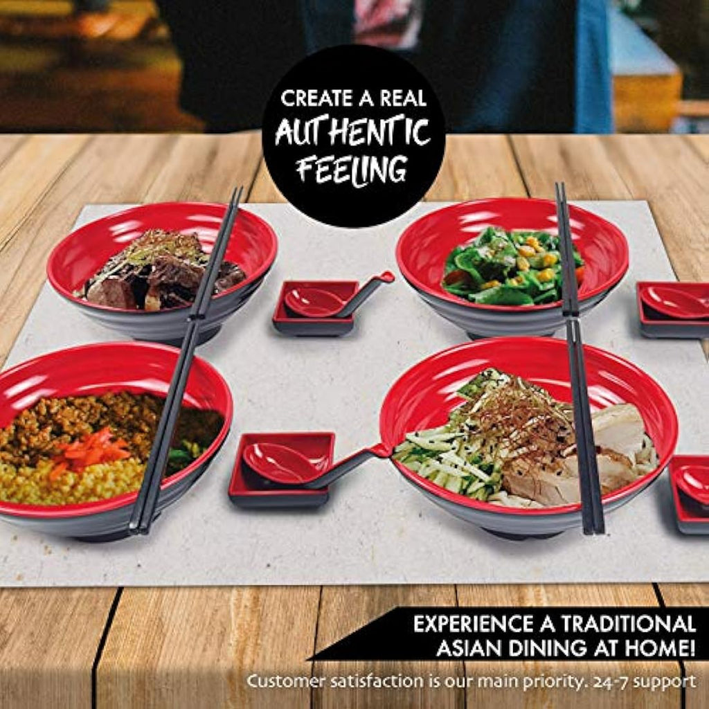 BaliBetov Melamine Ramen Bowl Set - 16 Piece Noodle Soup Kit, 32oz Red