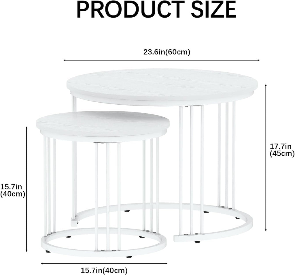 Huhote Round Coffee Tables, Set of 2 End Table, Nesting Tables, Side Table with Metal Frame for Living Room/Bedroom/Balcony/Office/Apartment