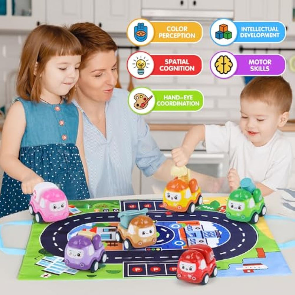 Jolof Store 6PCS Pull Back Construction Toy Cars with Play Mat Bag