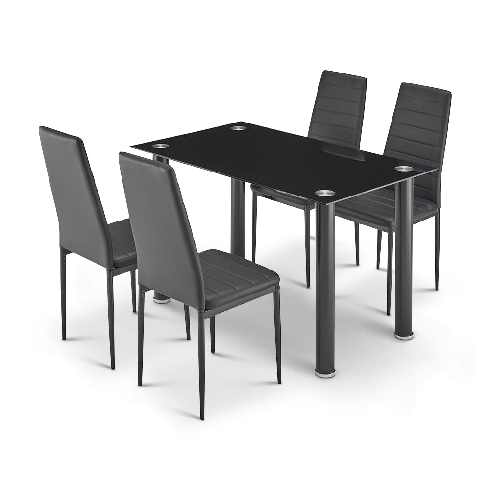 Bravich Dining Table and Chairs Set of 4, Black Tempered Glass 4 Seater Dining Table with High Back PU Leather Chairs - image 2
