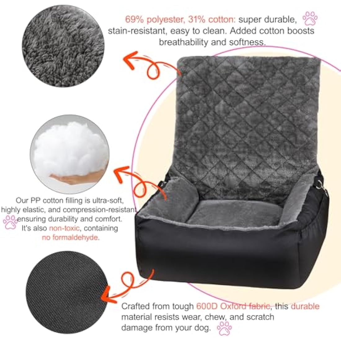 Dog Car Booster Seat – Washable Plush Pet Travel Bed, Black