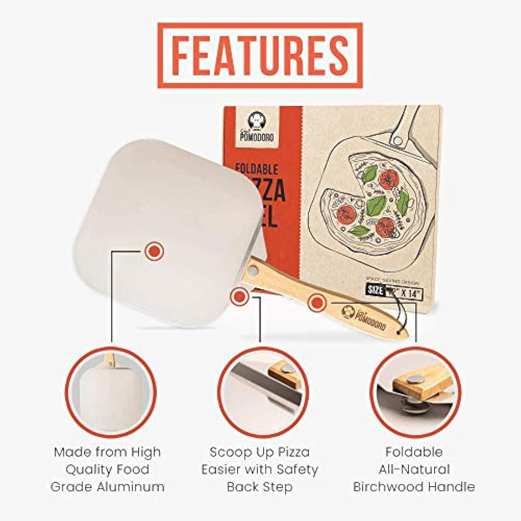 Chef Pomodoro Aluminum Pizza Peel with Foldable Wood Handle and Cutter