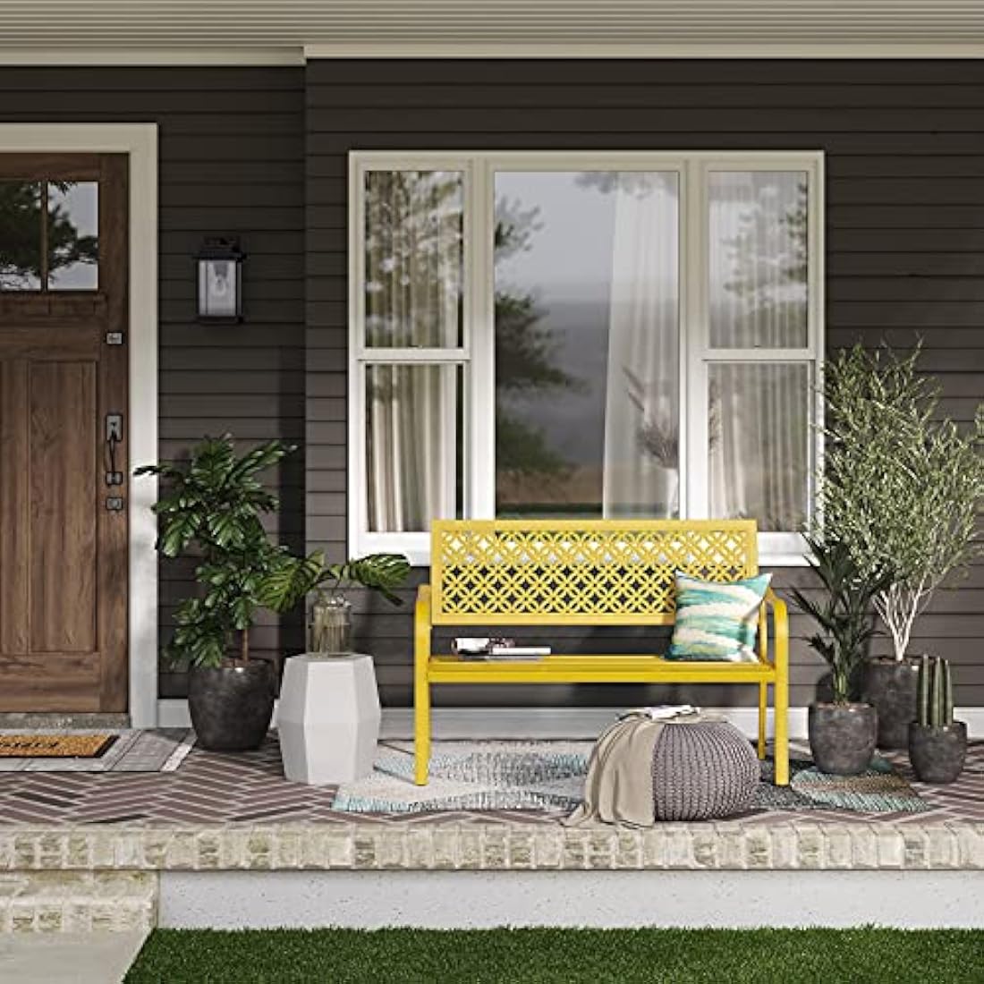 Grand Patio Garden Bench – 3-Seater Rust-Resistant Metal Park Bench, Yellow