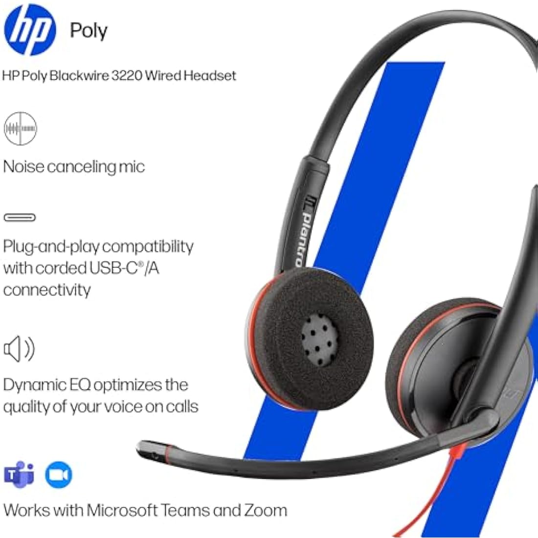 Poly Blackwire 3220 Wired Stereo Headset | USB-C & USB-A | Noise-Canceling