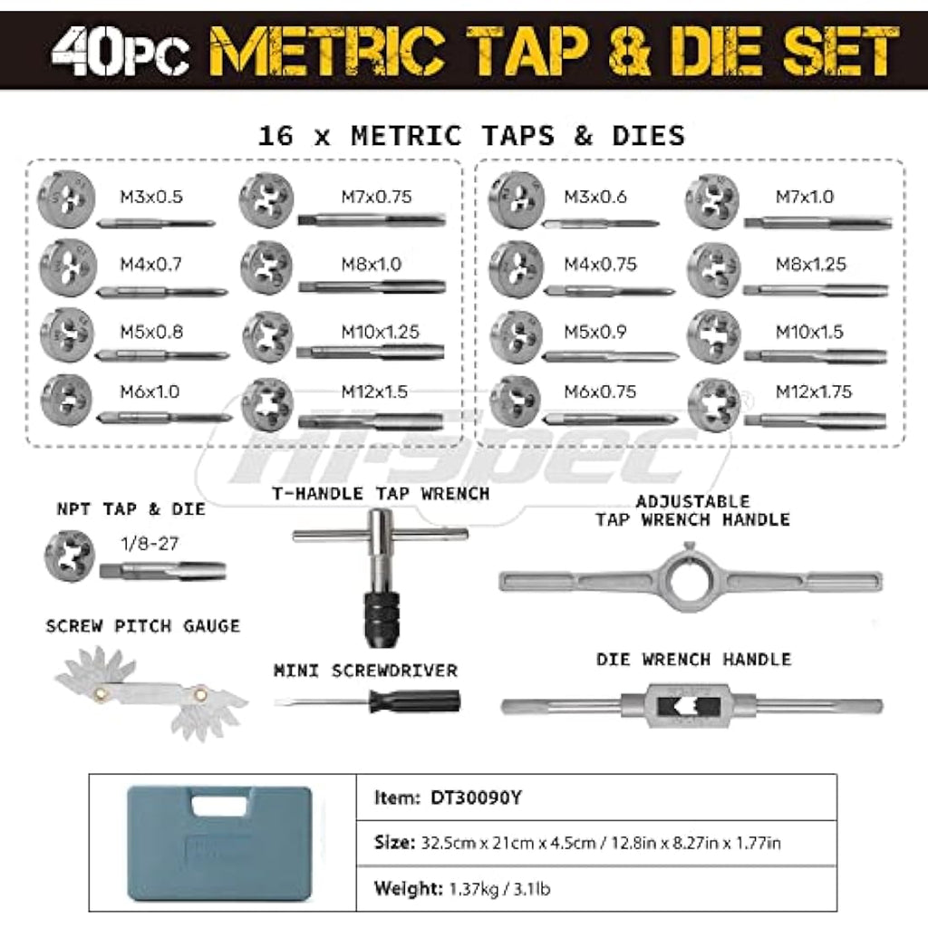 Hi-Spec 40pc Metric Tap and Die Set | M3-M12 Alloy Steel Threading Tools