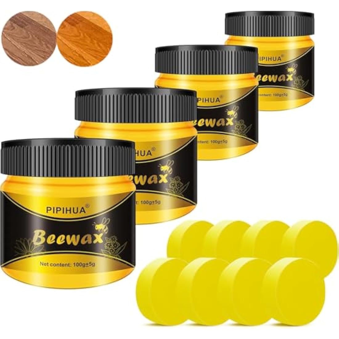 PIPIHUA Natural Beeswax Wood Polish - 4x100g Furniture Wax with 8 Sponges