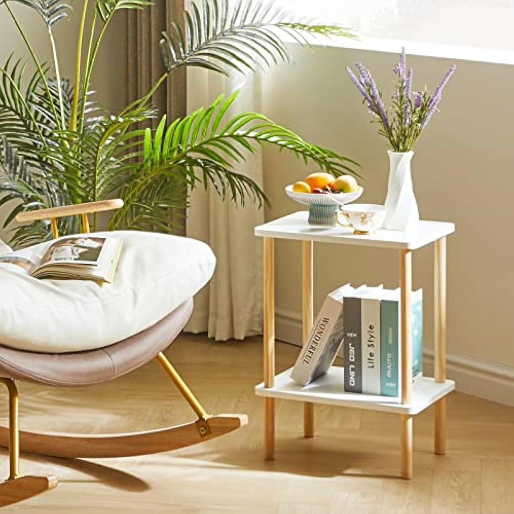 IBUYKE 2-Tier Wood Side Table – Narrow Nightstand with Storage, White