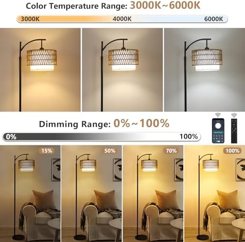 Rayofly Arc Floor Lamp | Dimmable Boho Standing Lamp with Rattan Shade