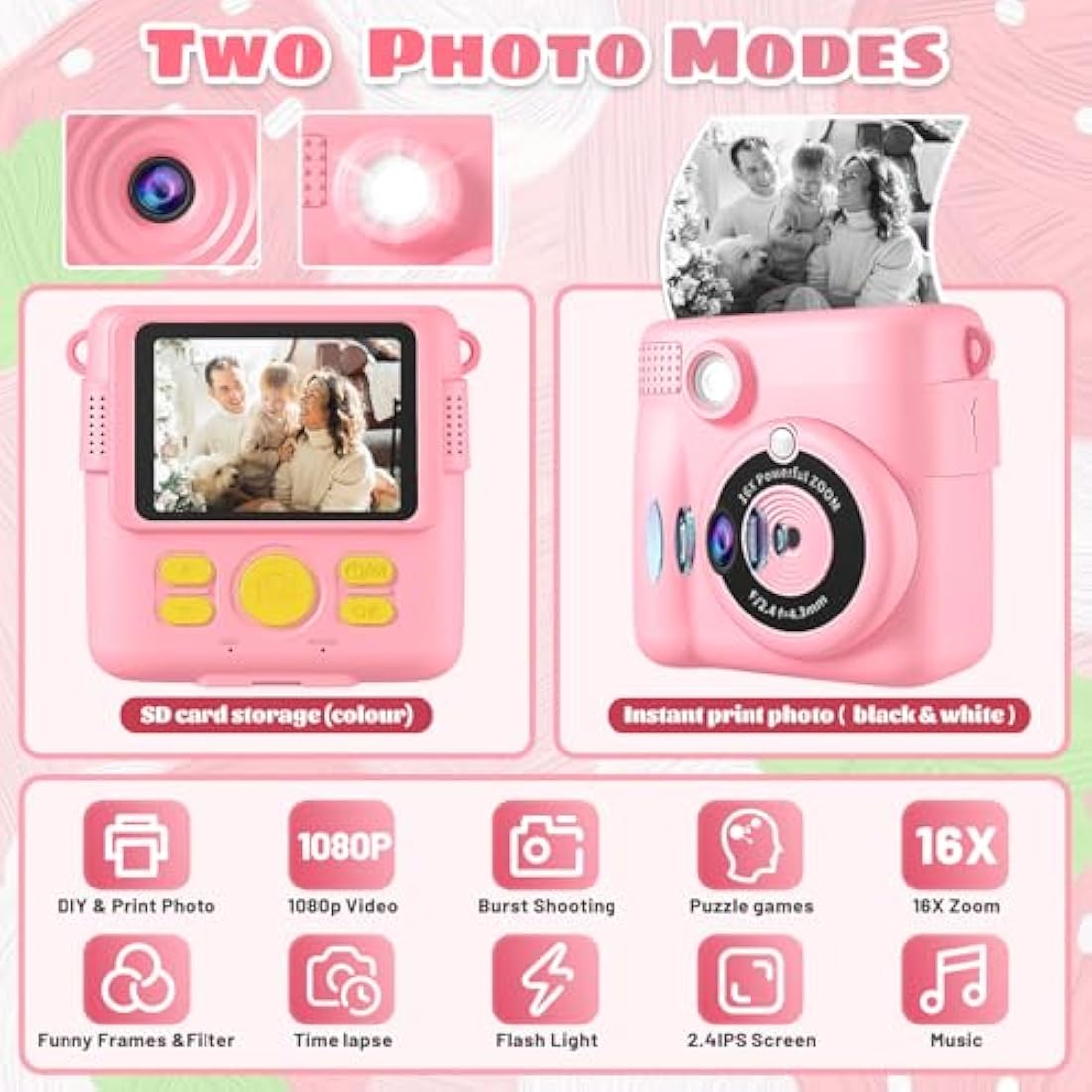 Kids Instant Print Camera - 1080P HD Digital Toy with 32GB Card