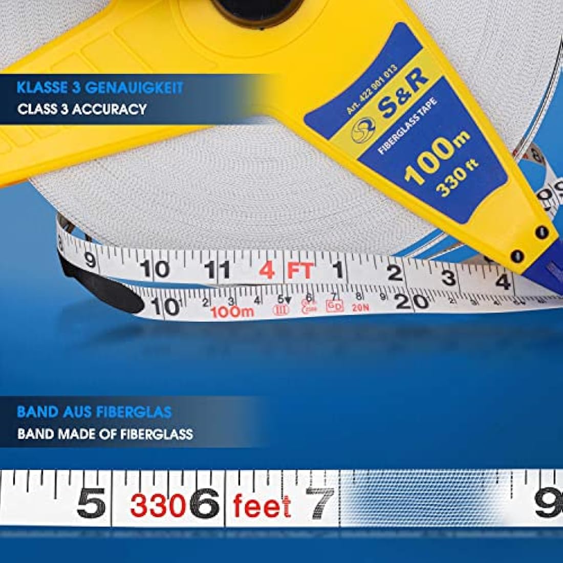 S&R Surveyors Tape Measure | 100m Fiberglass Metric & Imperial Tape