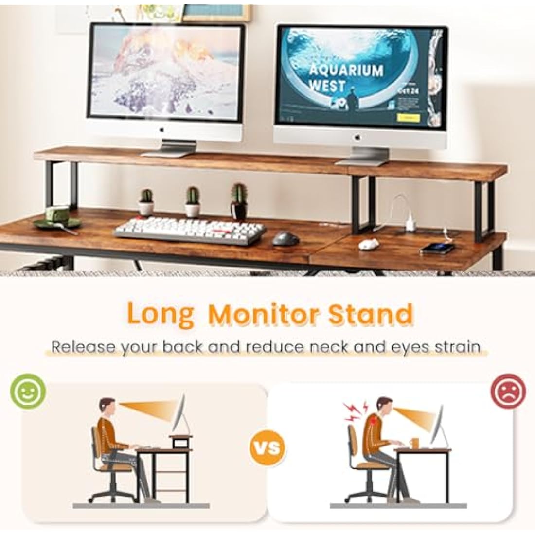 Dripex Computer Desk with Power Outlet, Monitor Stand & Reversible Shelves