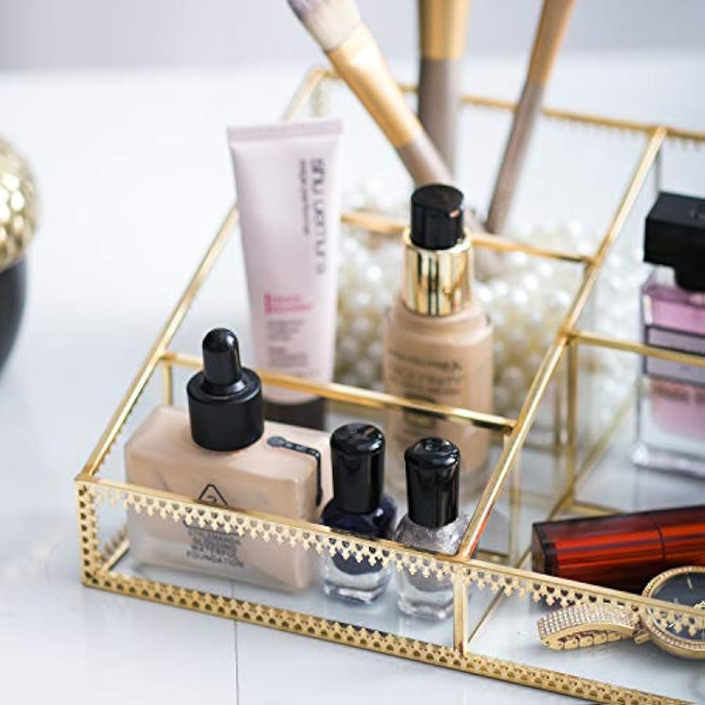 Jolof Store Glass Makeup Organizer – Gold Antique Cosmetic Storage Box